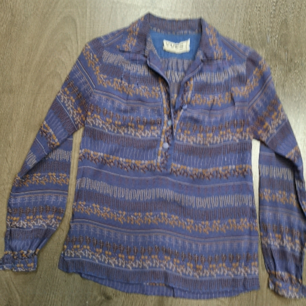 70s vintage Lilac flora printed l striped ruffled long sleeve Henley blouse